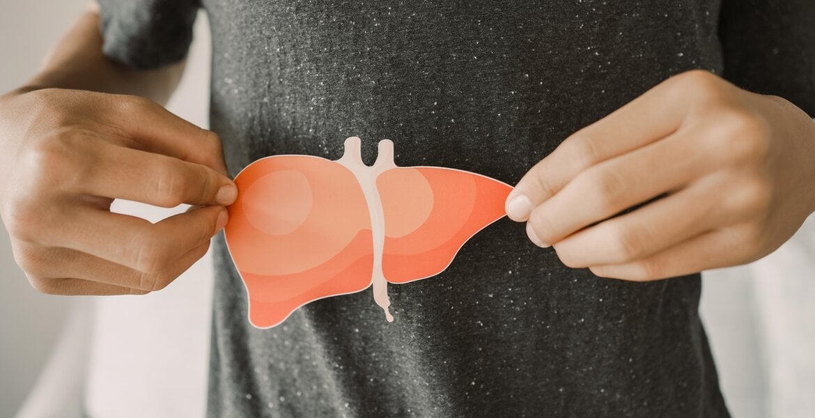 Symbolbild Fettleber-Test: Mann hält sich ein Modell einer Leber aus Papier vor den Bauch.