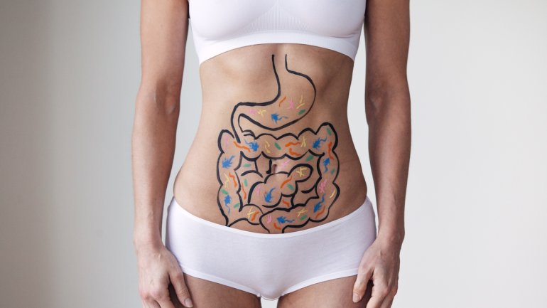 Man sieht eine vereinfachte Versione der Darmflora auf dem Bauch einer Frau aufgemalt.