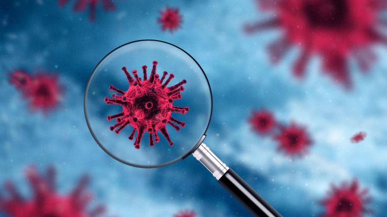 Das Bild zeigt Viren und eine Lupe auf blauem Hintergrund.