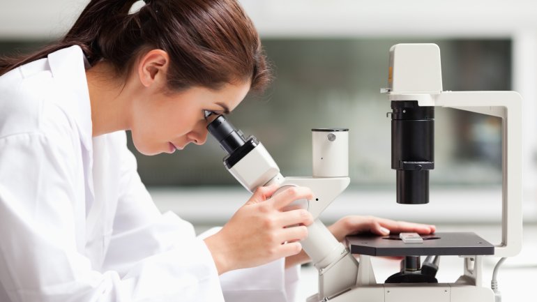 Das Bild zeigt eine Forscherin, die durch ein Mikroskop schaut.
